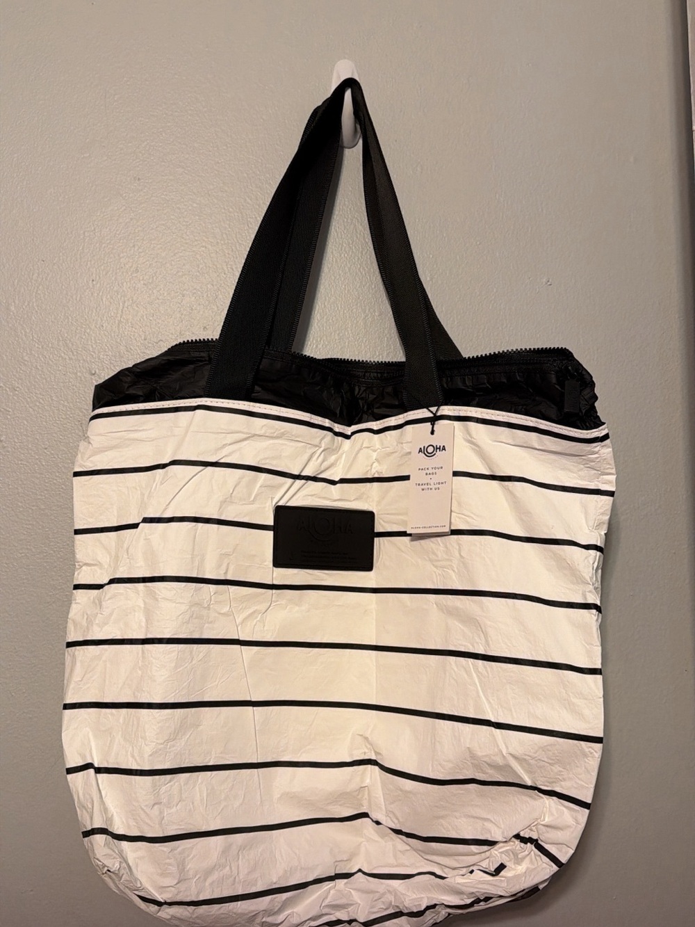 ALOHA Collection White Tote with Black Stripes